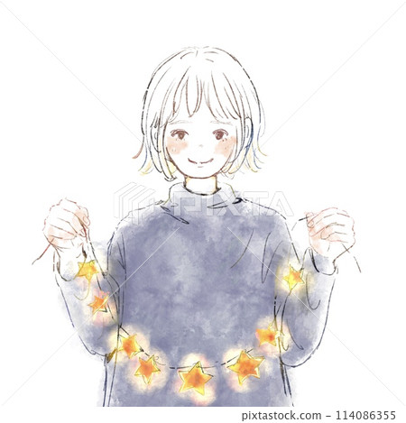 微笑的女人拿著閃閃發光的星星花環 114086355