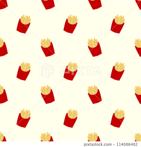 French fries seamless pattern. Fast food background. Simple doodle, hand drawn wallpaper. Flat vector illustration. 114086482