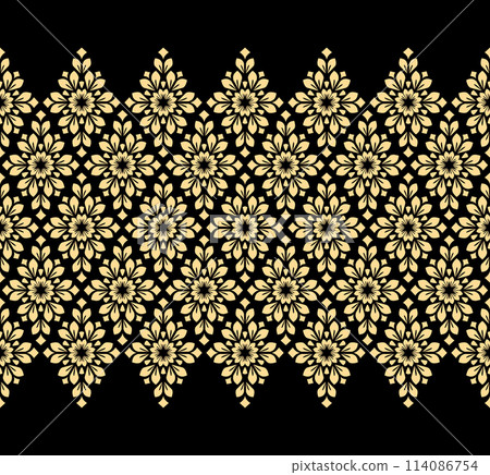 Flower geometric pattern. Seamless vector background. Golden and black ornament. Ornament for fabric, wallpaper, packaging. Decorative print 114086754