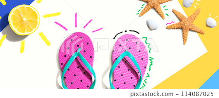Summer concept with flip flops and lemon sunlight Summer concept with flip flops and lemon sunlight 114087025