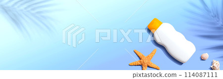 Sunblock bottle starfish and seashells Sunblock bottle starfish and seashells 114087111