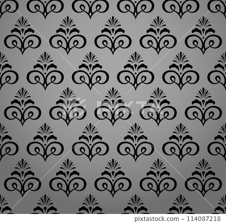 Wallpaper in the style of Baroque. Seamless vector background. Gray and black floral ornament. Graphic pattern for fabric, wallpaper, packaging. Ornate Damask flower ornament Wallpaper in the style of Baroque. Seamless vector background. Gray and black floral ornament. Graphic pattern for fabric, wallpaper, packaging. Ornate Damask flower ornament 114087218