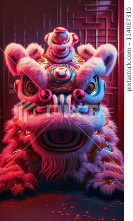 Lion dance costume performing in China, Lunar new year celebration. Generative AI 114087310