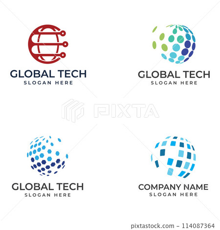 Modern digital tech world logo, global or tech planet, and digital tech protection. Logo with concept vector illustration template. 114087364