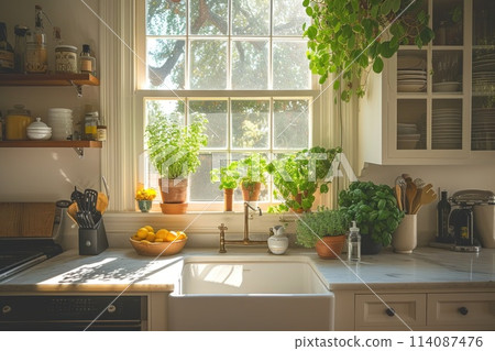 interior design of kitchen for spring. Generative AI interior design of kitchen for spring. Generative AI 114087476
