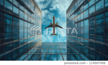 Plane flying perspective from below around building glass, bright blue sky. Generative AI 114087498