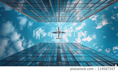 Plane flying perspective from below around building glass, bright blue sky. Generative AI 114087507