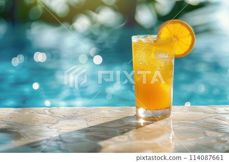 photograph of a cocktail by the pool on a sunny day and leaving space on the right. Generative AI 114087661