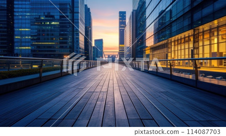 Empty square floor and pedestrian bridge with modern buildings at dusk. Generative AI 114087703
