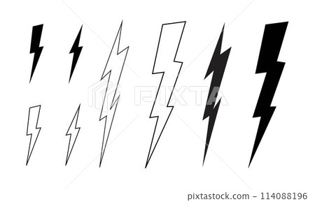 Set of bolt icons. Thunder, electric light flash, battery charging, warning, energy or power signs. Speed, shock or strike anime symbols isolated on white background. Vector graphic illustration Set of bolt icons. Thunder, electric light flash, battery charging, warning, energy or power signs. Speed, shock or strike anime symbols isolated on white background. Vector graphic illustration 114088196