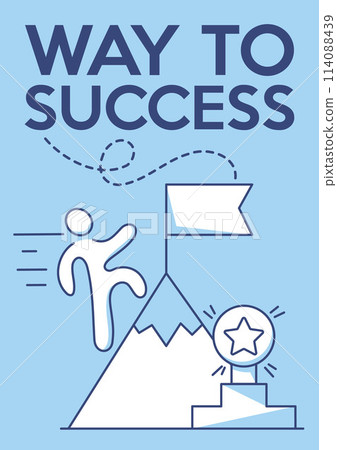 Man climbs to the top of the mountain for a reward. Career growth, professional development, way to success, business goals.Vector minimalist poster, a4 format. For banner, cover, web 114088439