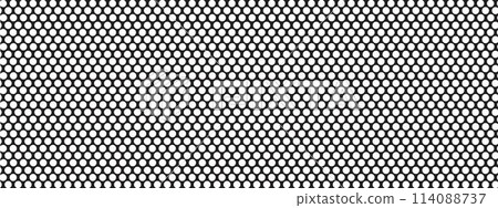 Perforated metal texture. Pegboard, radiator or speaker grill surface with repeated round holes. White circular dots on black background. Mosaic wall or floor pattern. Vector graphic illustration 114088737