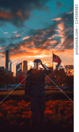 A twilight scene captures a soldier saluting the American flag, with a dramatic sky and city skyline. 114088983