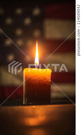 The warm light of a candle reflects the solemnity of Memorial Day against an unfocused American flag. The warm light of a candle reflects the solemnity of Memorial Day against an unfocused American flag. 114089042