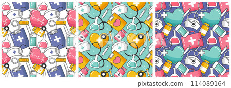 Doctors Seamless Pattern Design with Medical Equipment in Template Hand Drawn Cartoon Illustration 114089164
