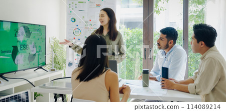 diversity team presentation  in ESG (environment,socail,governance)  sustainability business goals sdgs in green office 114089214