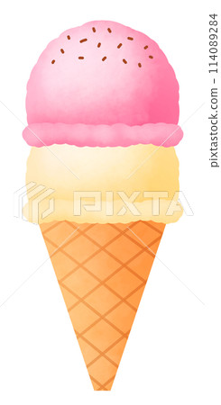Illustration of a two-tiered ice cream cone with vanilla and strawberry flavors 114089284