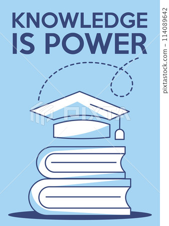 Stack of books and academic cap. Knowledge is power, education concept, increasing knowledge, personal growth, way to success. Vector minimalist poster, a4 format. For banner, cover, web 114089642