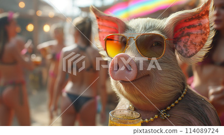 A pig wearing sunglasses drinks beer 114089724