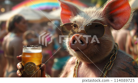 戴墨鏡的豬喝啤酒 114089725