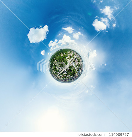 Aerial city view with crossroads and roads, houses, buildings, parks and parking lots. Sunny summer panoramic image Aerial city view with crossroads and roads, houses, buildings, parks and parking lots. Sunny summer panoramic image 114089737
