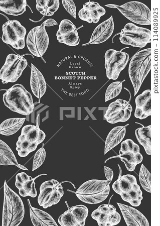 Hand drawn sketch style scotch bonnet pepper banner. Organic fresh vegetable vector illustration on chalk board. Retro cayenne pepper design template 114089925