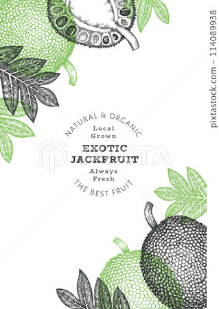Hand drawn sketch style jackfruit banner. Organic fresh fruit vector illustration. Retro breadfruit design template Hand drawn sketch style jackfruit banner. Organic fresh fruit vector illustration. Retro breadfruit design template 114089938
