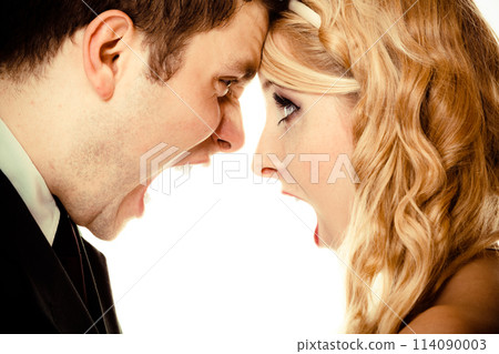 Angry woman man yelling at each other. Fury bride groom. Angry woman man yelling at each other. Fury bride groom. 114090003
