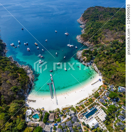 Aerial view of Siam bay in koh Racha Yai also known as Raya Island in Phuket, Thailand 114090063