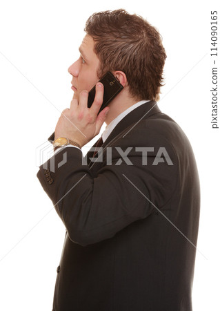confused man talking on mobile phone smartphone 114090165