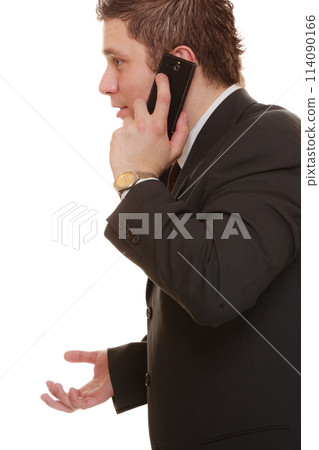 confused man talking on mobile phone smartphone 114090166