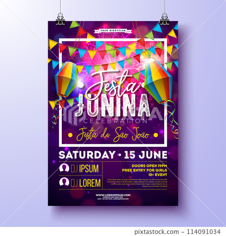 Festa Junina Party Flyer Design with Flags, Paper Lantern and Typography Design on Fireworks Background. Vector Brazil June Festival Illustration for Celebration Poster or Holiday Invitation Festa Junina Party Flyer Design with Flags, Paper Lantern and Typography Design on Fireworks Background. Vector Brazil June Festival Illustration for Celebration Poster or Holiday Invitation 114091034