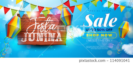 Festa Junina Sale Promotional Business Illustration with Paper Lantern and Vintage Wood Board on Blue Cloudy Sky Background. Festa de Sao Joao Vector Special Offer Illustration for Coupon, Voucher 114091041