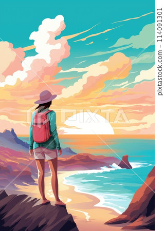 adventure girl stands on cliff by the ocean illustration 114091301