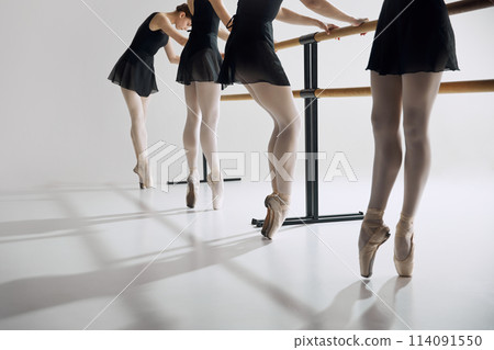 Cropped image of female legs in pointe shoes, ballerinas standing at barre and training against grey studio background. Accuracy in every step Cropped image of female legs in pointe shoes, ballerinas standing at barre and training against grey studio background. Accuracy in every step 114091550