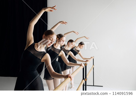 Beautiful talented teen girls, ballet dancers in black costumes standing at barre and practicing with focus and determination Beautiful talented teen girls, ballet dancers in black costumes standing at barre and practicing with focus and determination 114091596