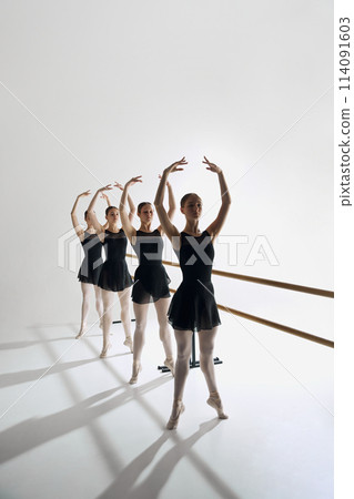 The art of ballet dance. Four graceful teen girls, ballet dancers standing at barre and practicing before performance The art of ballet dance. Four graceful teen girls, ballet dancers standing at barre and practicing before performance 114091603