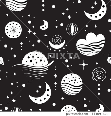 Seamless neo folk patterns with moon, cloud, sun and stars, black and white celestial design. Set Neo folk style endless backgrounds perfect for textile design. Seamless neo folk patterns with moon, cloud, sun and stars, black and white celestial design. Set Neo folk style endless backgrounds perfect for textile design. 114091620