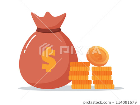 Money bag and stack of gold coins vector illustration 114091679
