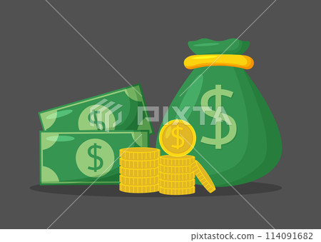 Money bag and stack of gold coins vector illustration 114091682