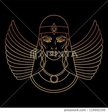 Isis the goddess of ancient Egypt. Golden icon on black background. Isis the goddess of ancient Egypt. Golden icon on black background. 114092100
