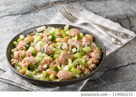 Vitamin Salad of canned tuna, butter beans, fresh celery, green onions and capers close-up in a plate. Horizontal 114092233