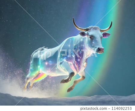 A fantastical world where crystal cows fly with the glitter of the aurora. 114092253