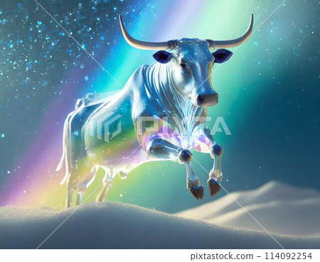 A fantastical world where crystal cows fly with the glitter of the aurora. 114092254