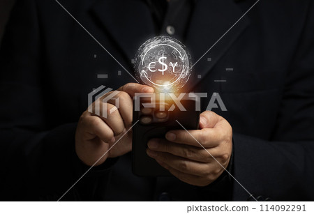 Businessman uses mobile phone to trade cryptocurrencies through virtual screen. Marketing planning strategy stock. Global growth finance currency trading wealth. Banking investment economy connection. 114092291