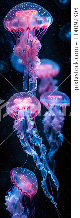 a bioluminescent underwater world with lots of creature 114092303