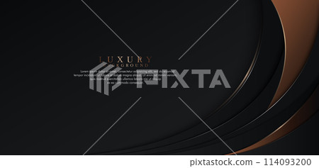 Elegant black abstract background with shiny lines. Modern dark and gold curve shapes elements. Luxury template design. Suit for banner, brochure, presentation, cover, card, poster, website, flyer Elegant black abstract background with shiny lines. Modern dark and gold curve shapes elements. Luxury template design. Suit for banner, brochure, presentation, cover, card, poster, website, flyer 114093200