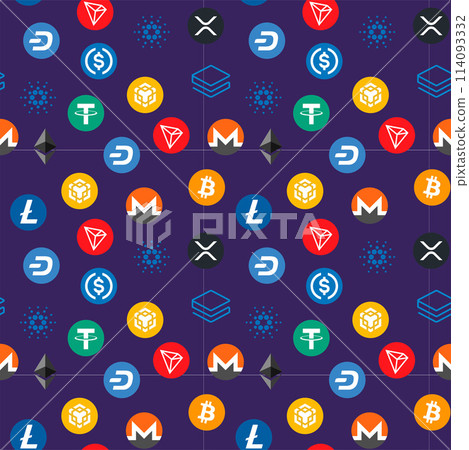 Purple background with colorful Cryptocurrency coins in flat style 114093332