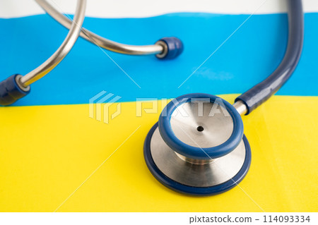 Stethoscope on Ukraine flag background, Business and finance. 114093334