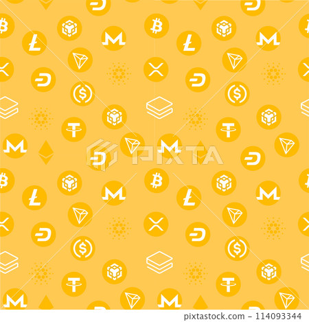 Golden background with Cryptocurrency symbols in flat style 114093344